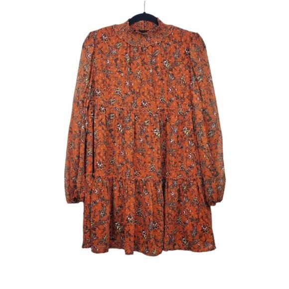 Forever 21 Womens Rust Dot Floral Print Chiffon Tiered Mini Dress Size M NWT - Picture 5 of 8